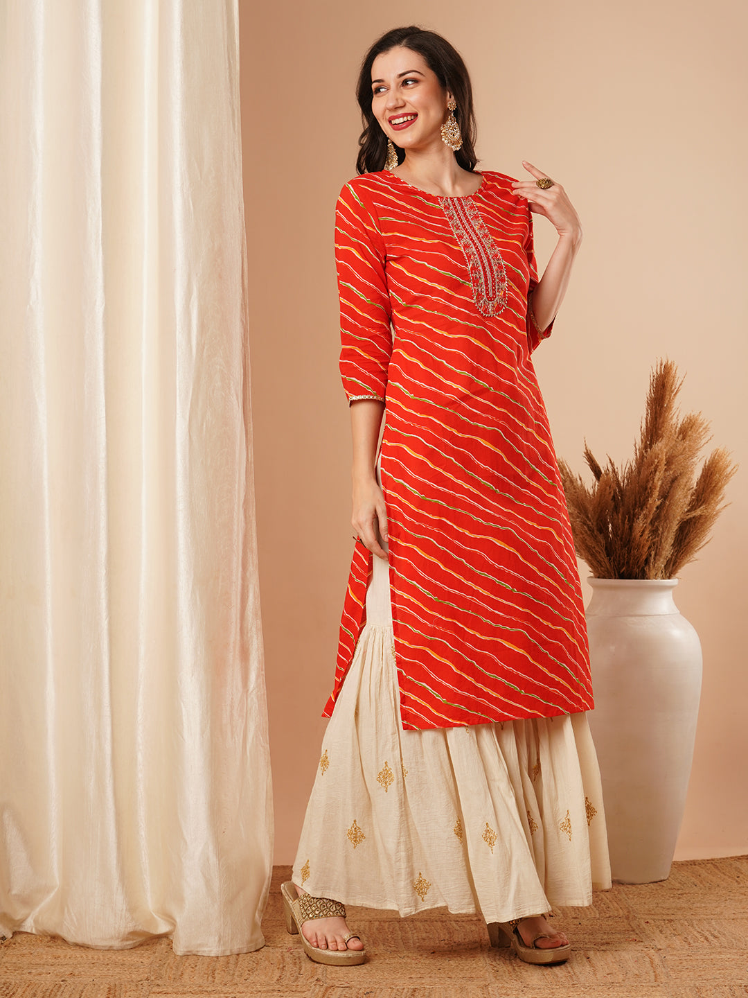 Ethnic Leheriya Printed & Embroidered Straight Fit Kurta - Red