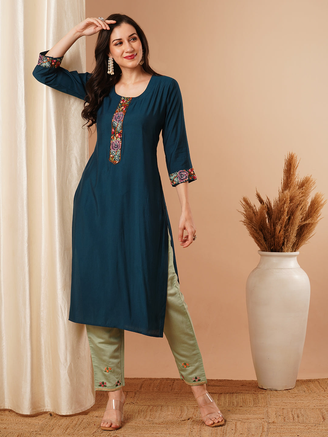 Ethnic Embroidered Straight Fit Kurta - Teal Blue