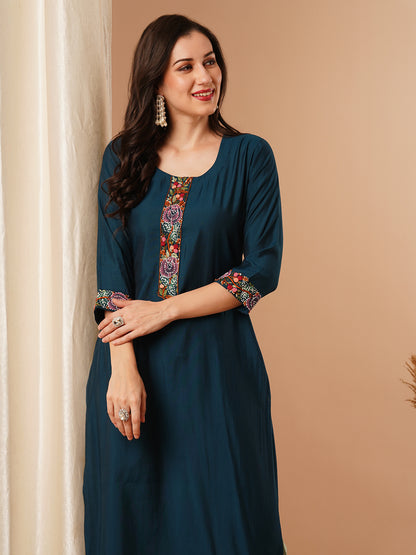 Ethnic Embroidered Straight Fit Kurta - Teal Blue