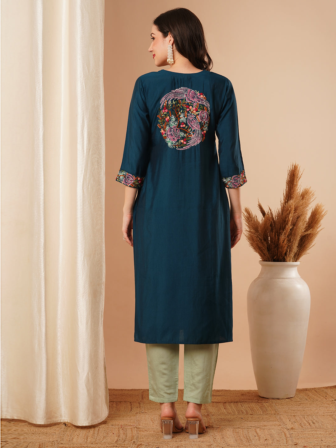 Ethnic Embroidered Straight Fit Kurta - Teal Blue