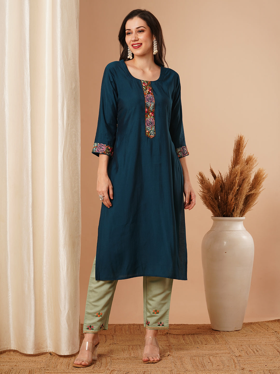 Ethnic Embroidered Straight Fit Kurta - Teal Blue