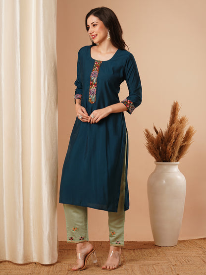 Ethnic Embroidered Straight Fit Kurta - Teal Blue