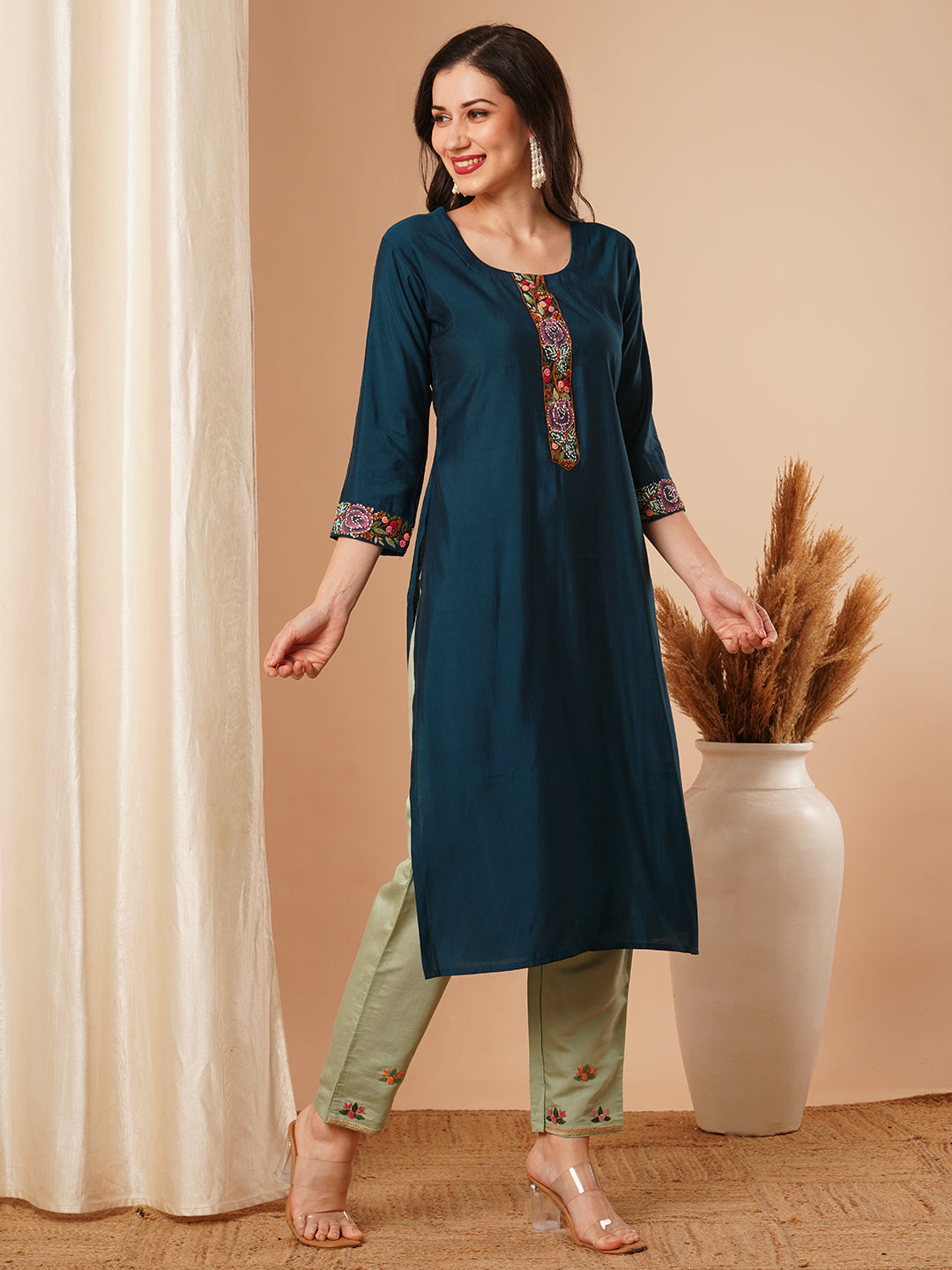 Ethnic Embroidered Straight Fit Kurta - Teal Blue