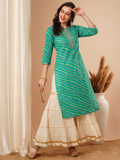 Ethnic Leheriya Printed & Embroidered Straight Fit Kurta - Green