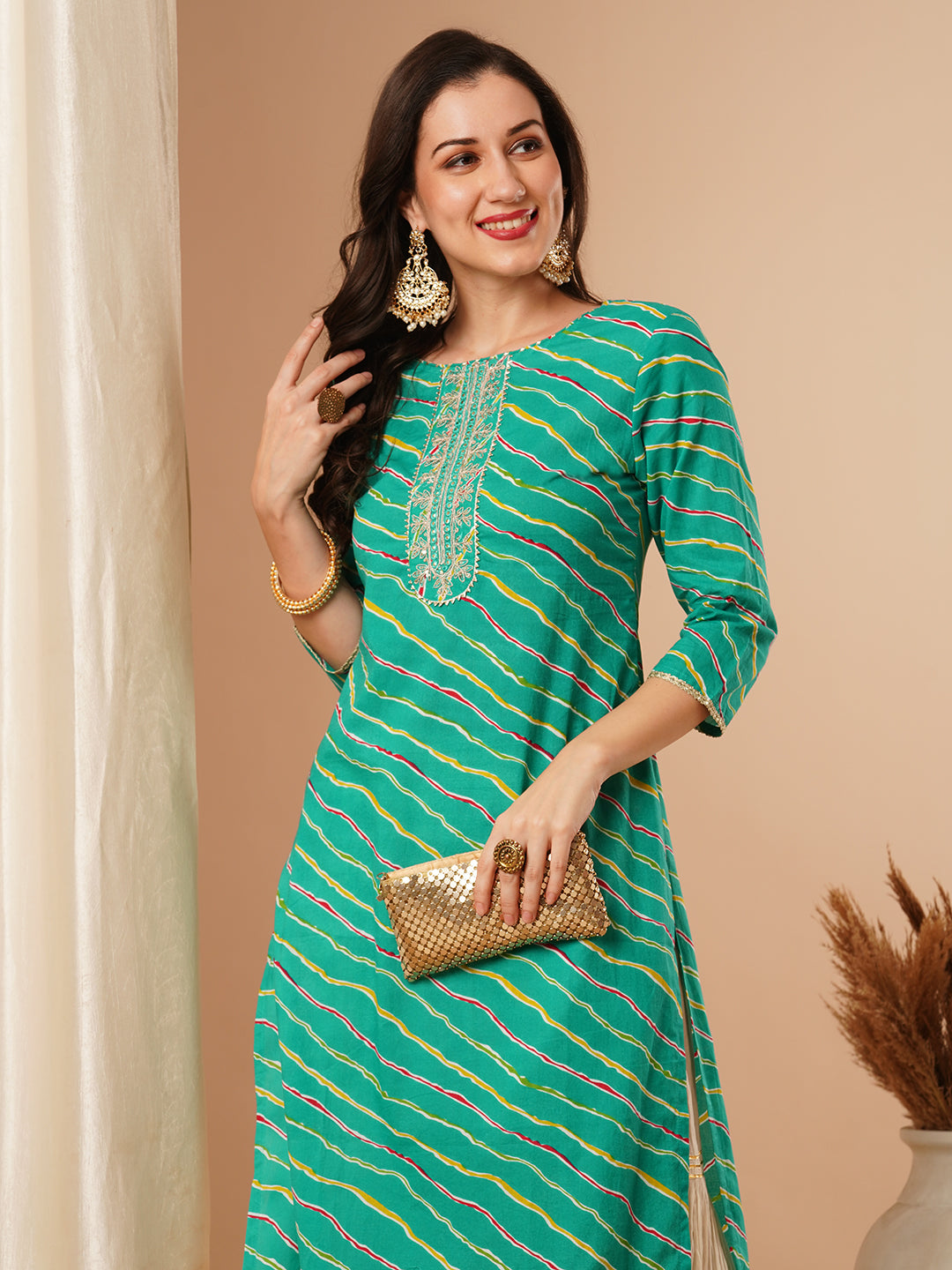 Ethnic Leheriya Printed & Embroidered Straight Fit Kurta - Green