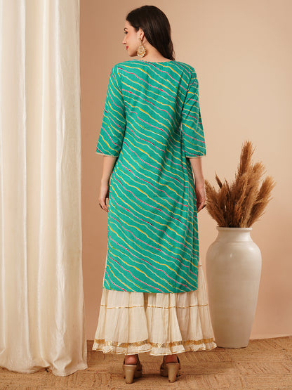 Ethnic Leheriya Printed & Embroidered Straight Fit Kurta - Green