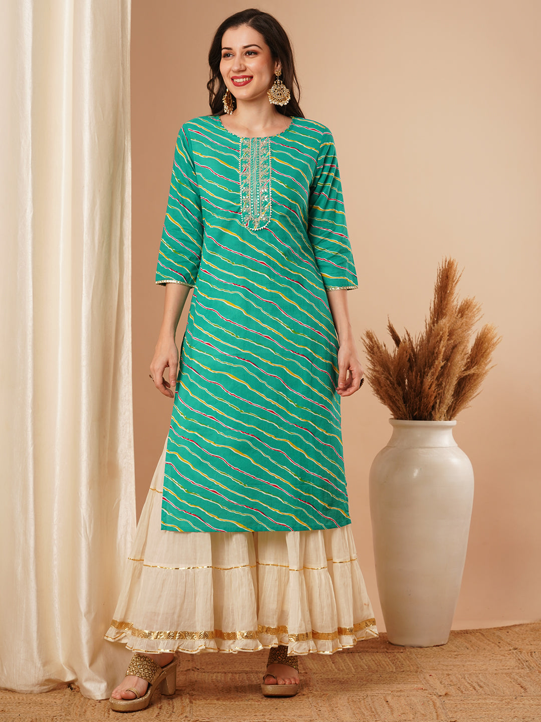 Ethnic Leheriya Printed & Embroidered Straight Fit Kurta - Green