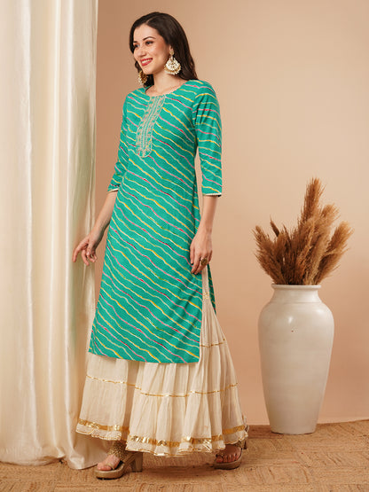 Ethnic Leheriya Printed & Embroidered Straight Fit Kurta - Green