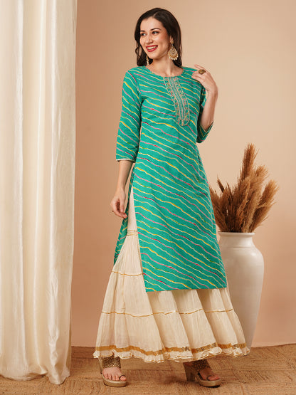 Ethnic Leheriya Printed & Embroidered Straight Fit Kurta - Green