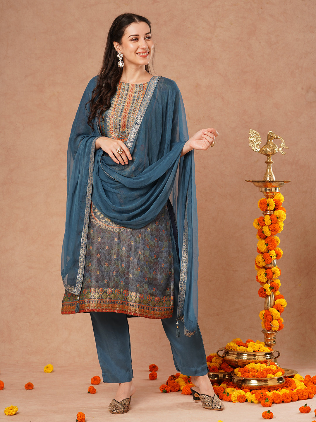 Ethnic Floral Printed & Hand Embroidered Straight Kurta with Pant & Dupatta - Blue