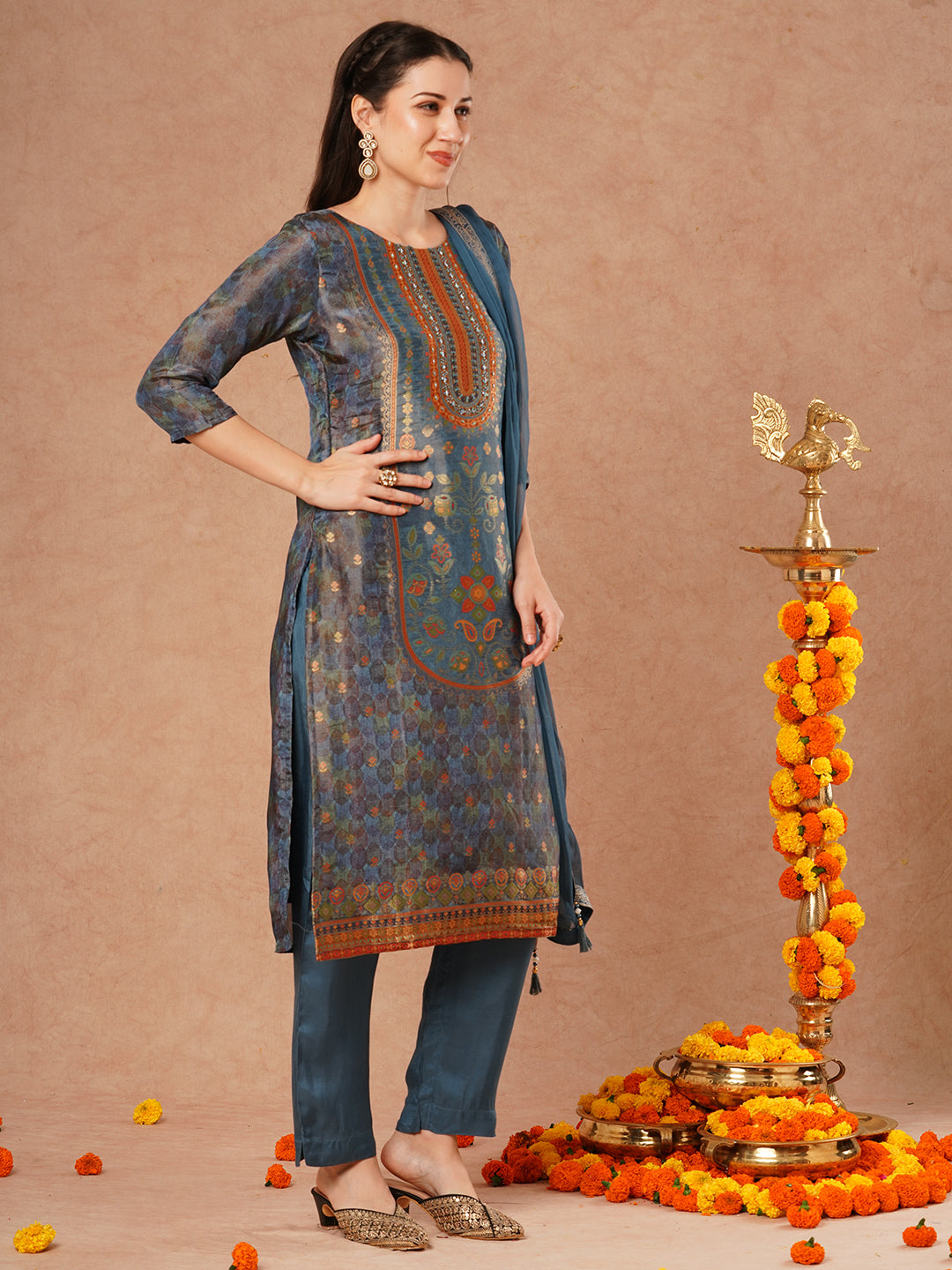 Ethnic Floral Printed & Hand Embroidered Straight Kurta with Pant & Dupatta - Blue