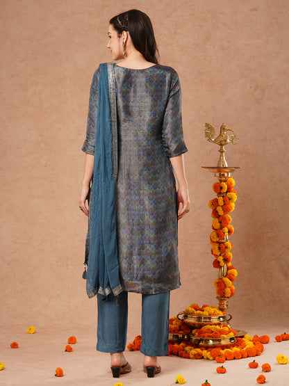 Ethnic Floral Printed & Hand Embroidered Straight Kurta with Pant & Dupatta - Blue