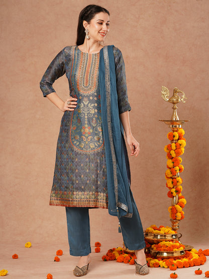 Ethnic Floral Printed & Hand Embroidered Straight Kurta with Pant & Dupatta - Blue