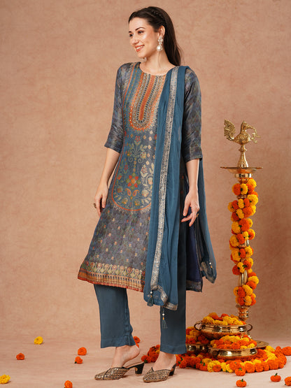 Ethnic Floral Printed & Hand Embroidered Straight Kurta with Pant & Dupatta - Blue