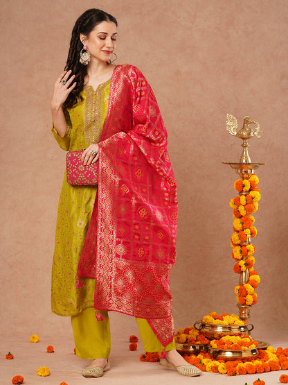 Ethnic Jacquard Woven & Embroidered Straight Fit Kurta with Pant & Dupatta - Lime Green