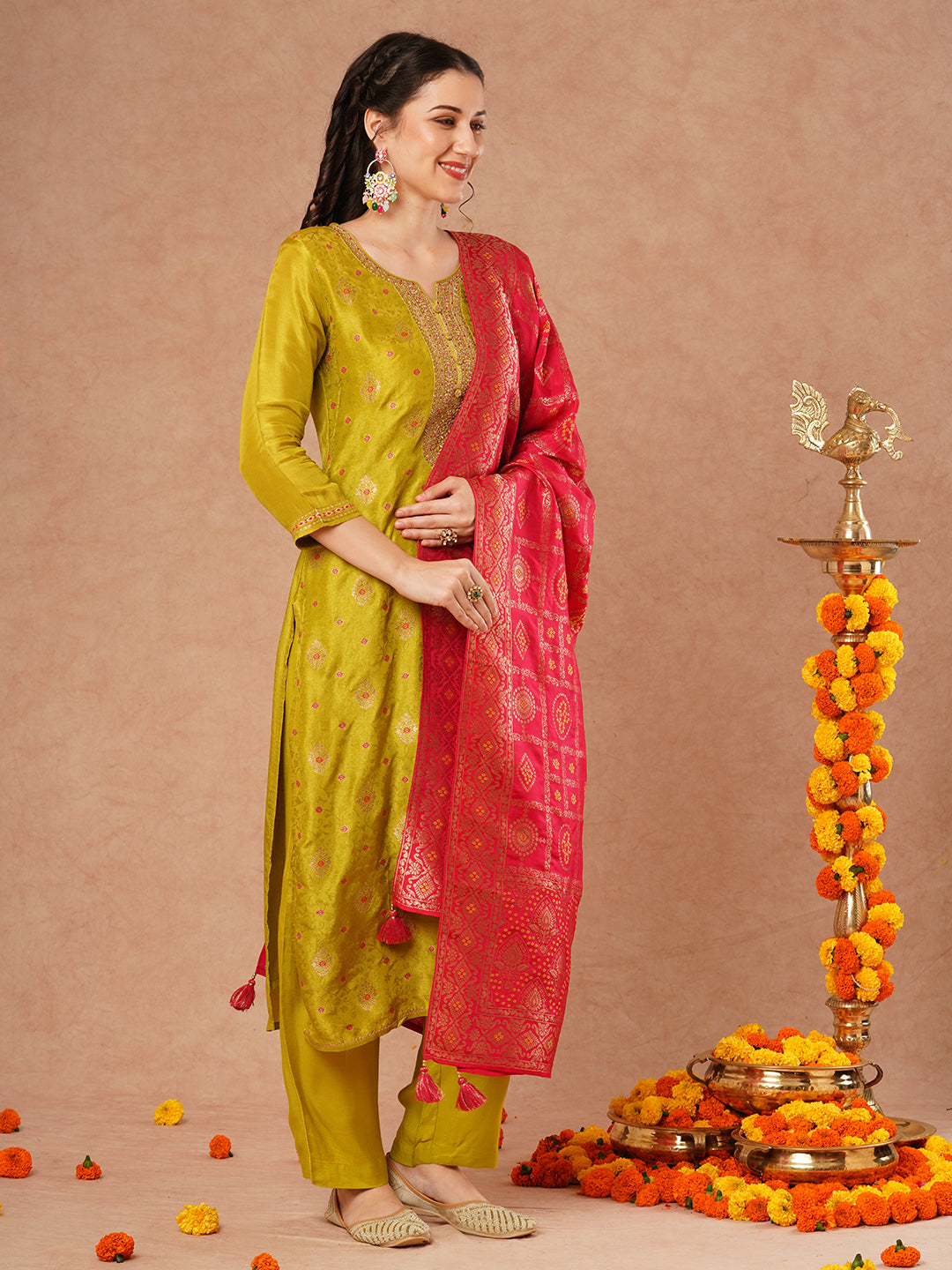 Ethnic Jacquard Woven & Embroidered Straight Fit Kurta with Pant & Dupatta - Lime Green