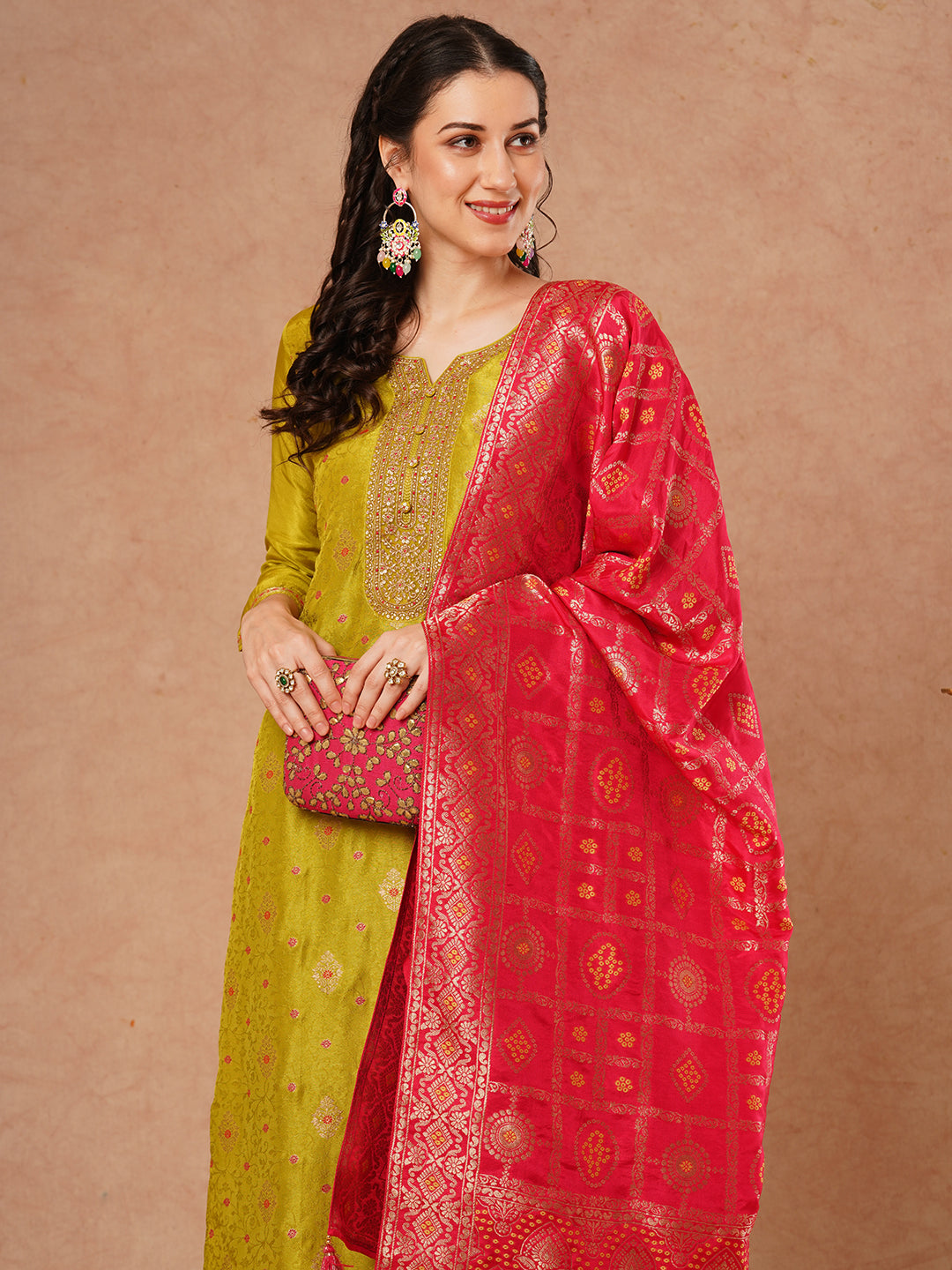 Ethnic Jacquard Woven & Embroidered Straight Fit Kurta with Pant & Dupatta - Lime Green