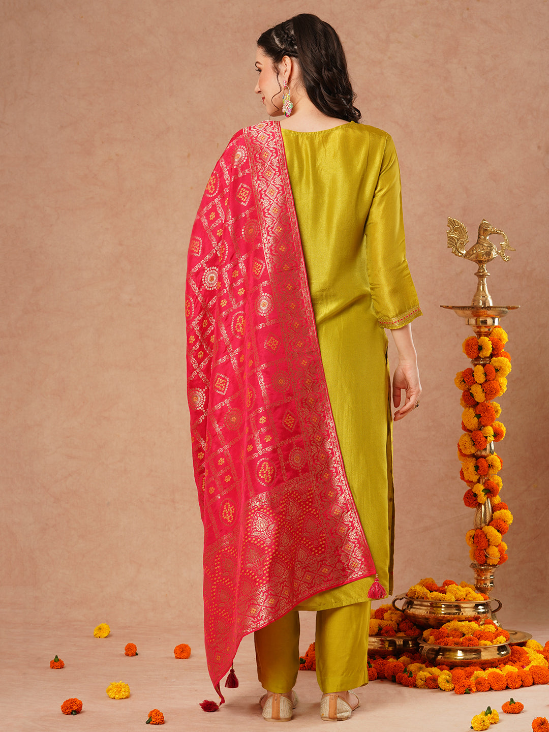 Ethnic Jacquard Woven & Embroidered Straight Fit Kurta with Pant & Dupatta - Lime Green