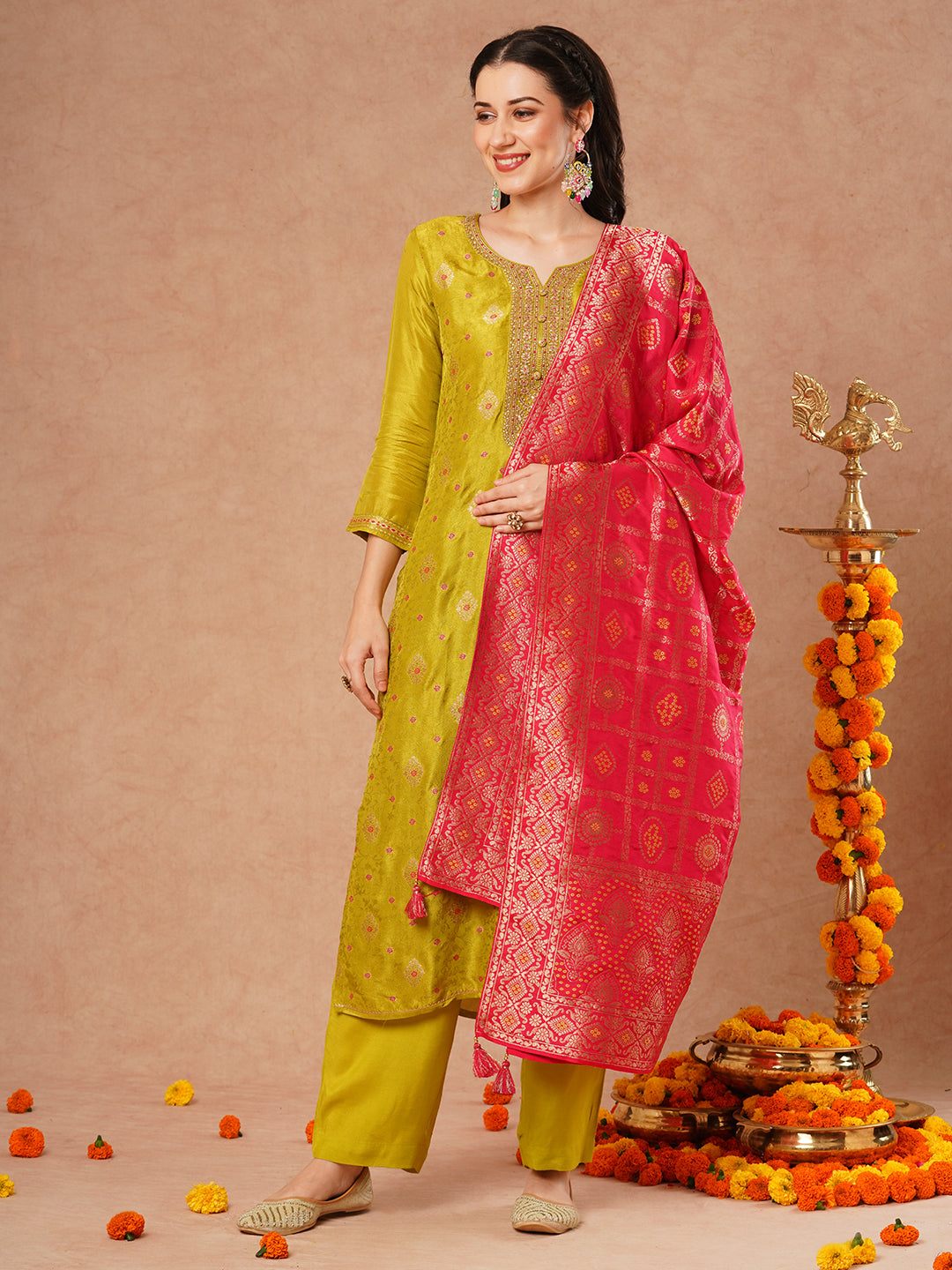 Ethnic Jacquard Woven & Embroidered Straight Fit Kurta with Pant & Dupatta - Lime Green