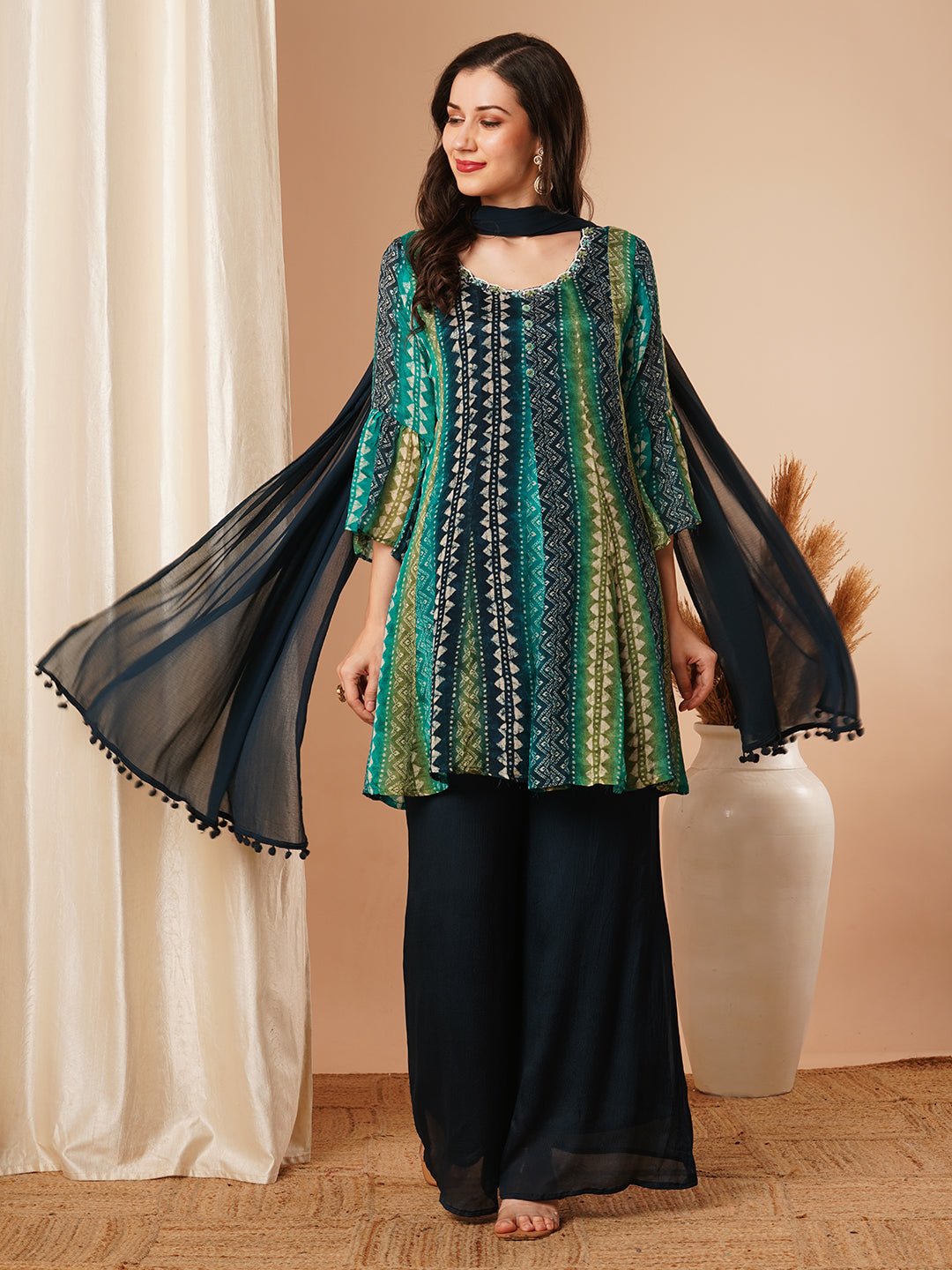 Ethnic Stripes Printed & Embroidered A-Line Kurta with Palazzo and Dupatta - Blue