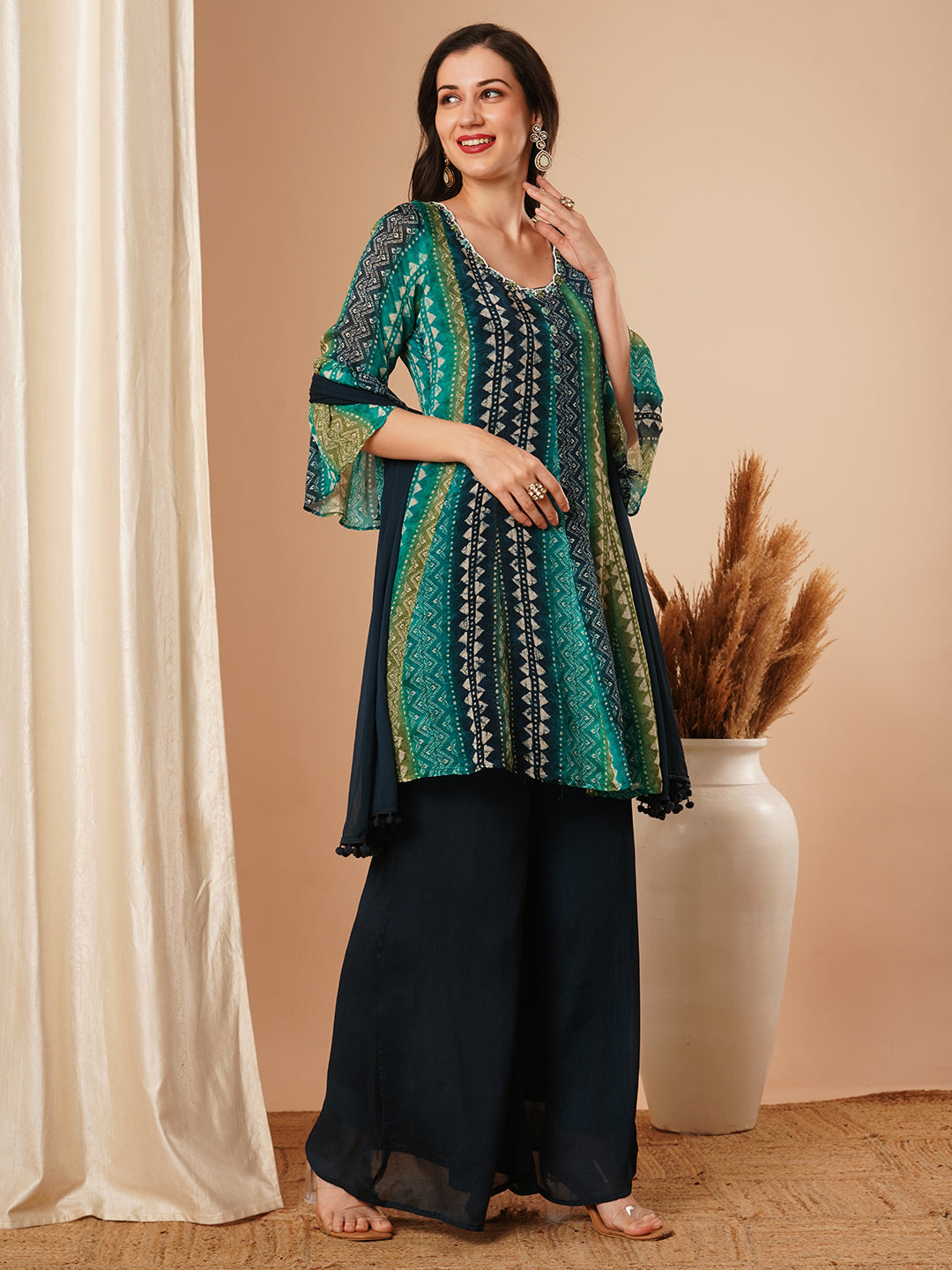 Ethnic Stripes Printed & Embroidered A-Line Kurta with Palazzo and Dupatta - Blue