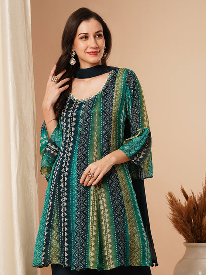 Ethnic Stripes Printed & Embroidered A-Line Kurta with Palazzo and Dupatta - Blue