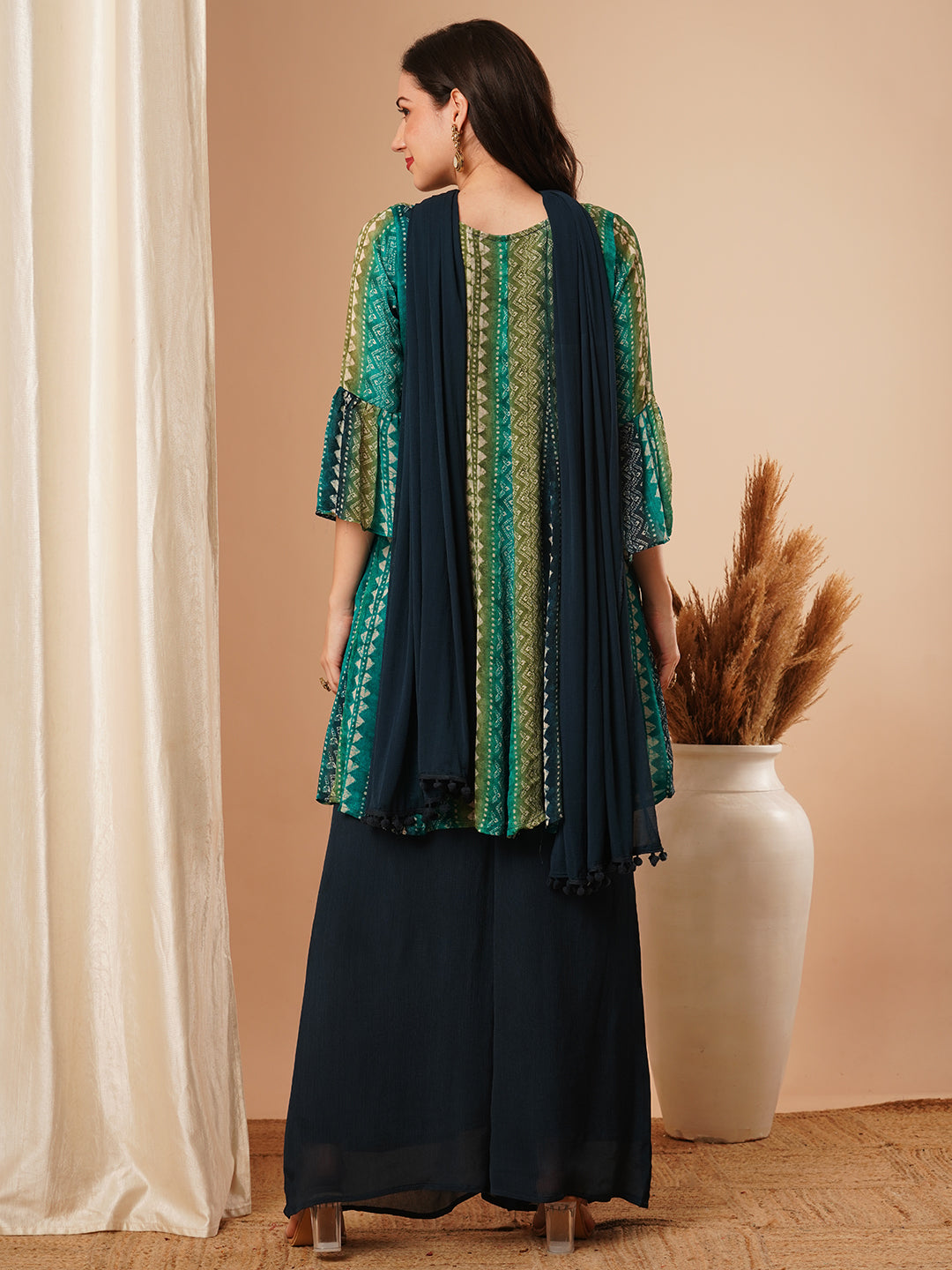 Ethnic Stripes Printed & Embroidered A-Line Kurta with Palazzo and Dupatta - Blue