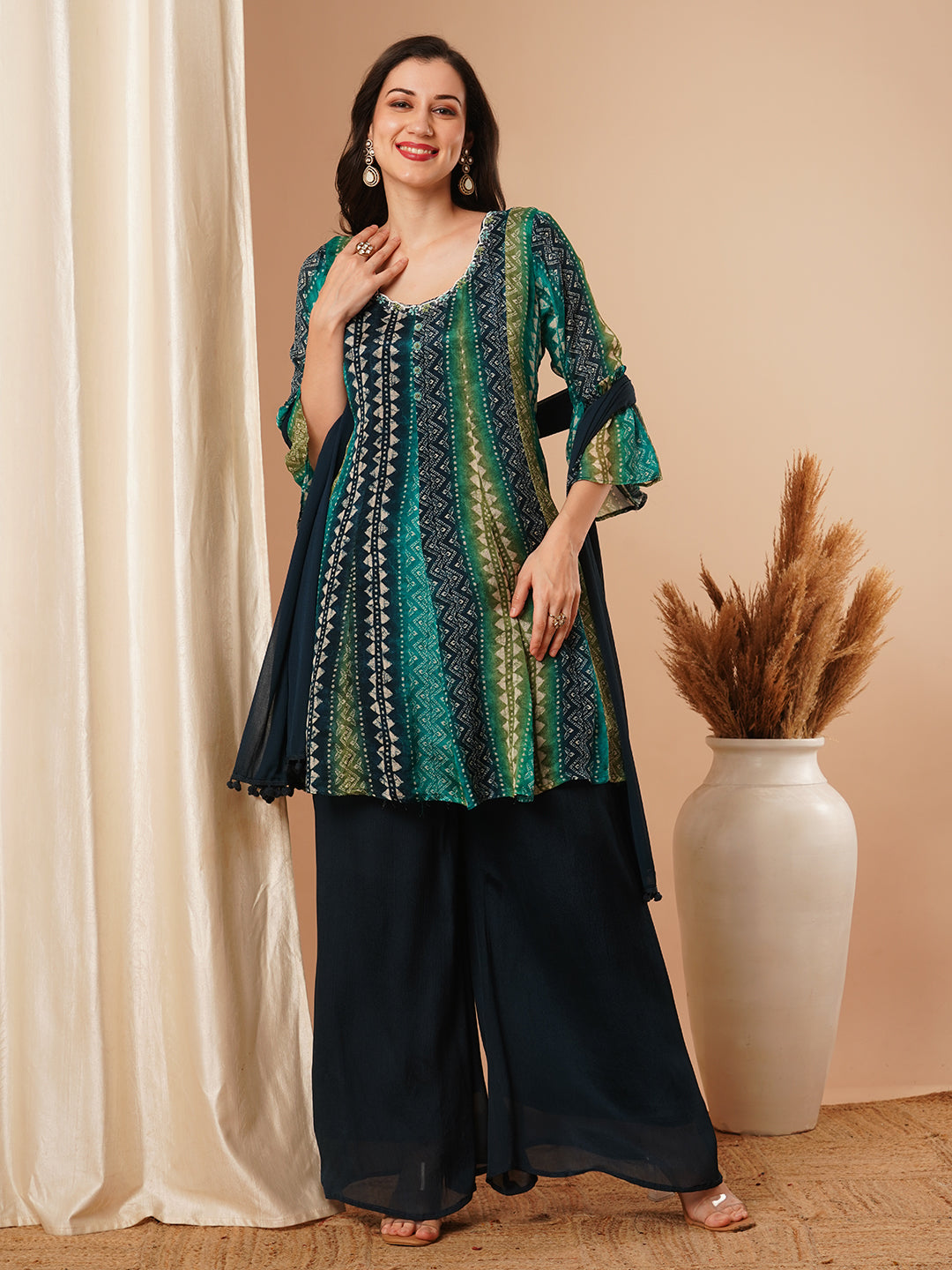 Ethnic Stripes Printed & Embroidered A-Line Kurta with Palazzo and Dupatta - Blue