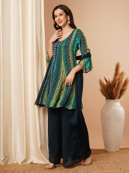 Ethnic Stripes Printed & Embroidered A-Line Kurta with Palazzo and Dupatta - Blue