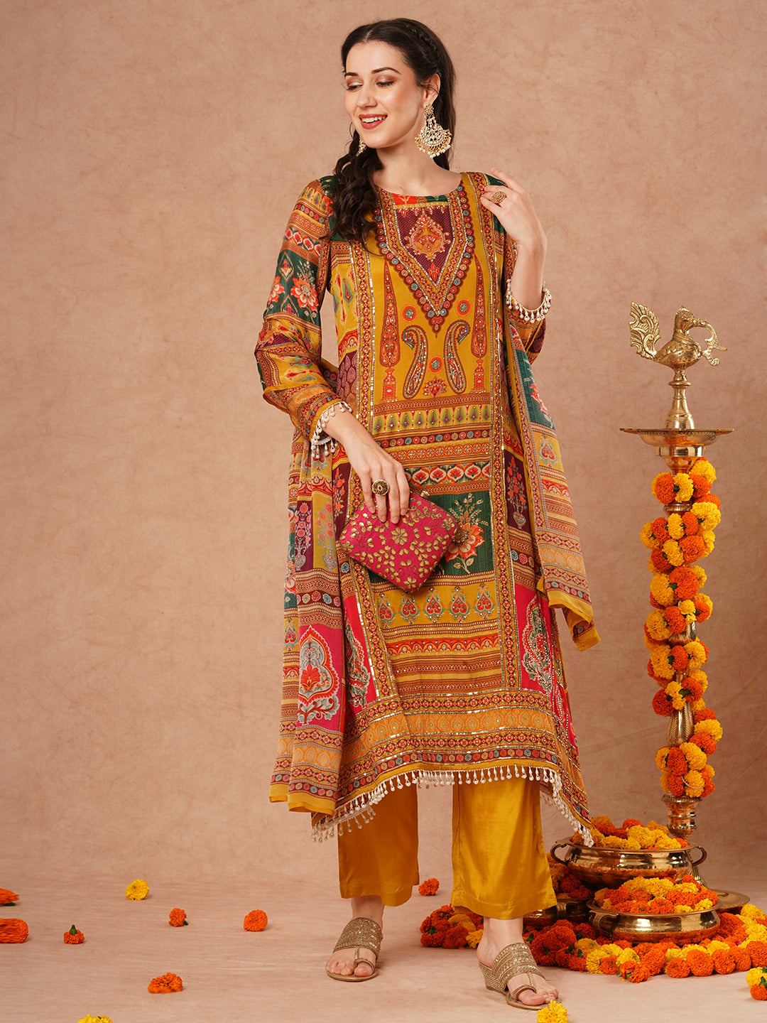 Ethnic Floral Printed & Embroidered A-Line Kurta with Palazzo & Dupatta - Mustard