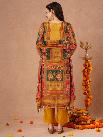 Ethnic Floral Printed & Embroidered A-Line Kurta with Palazzo & Dupatta - Mustard