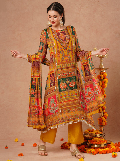 Ethnic Floral Printed & Embroidered A-Line Kurta with Palazzo & Dupatta - Mustard