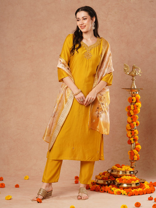 Solid Hand Embroidered Straight Fit Kurta with Pant & Printed Dupatta - Mustard