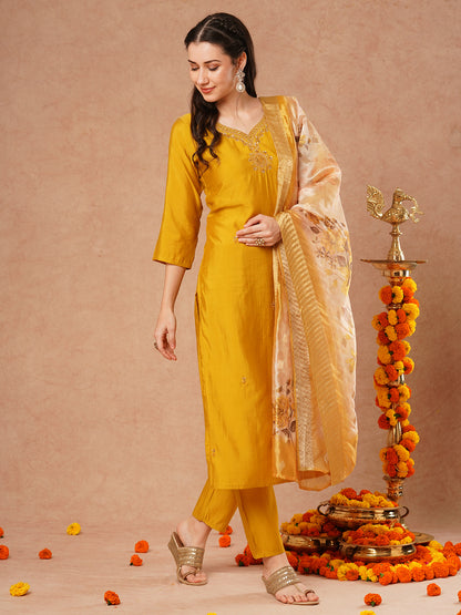 Solid Hand Embroidered Straight Fit Kurta with Pant & Printed Dupatta - Mustard