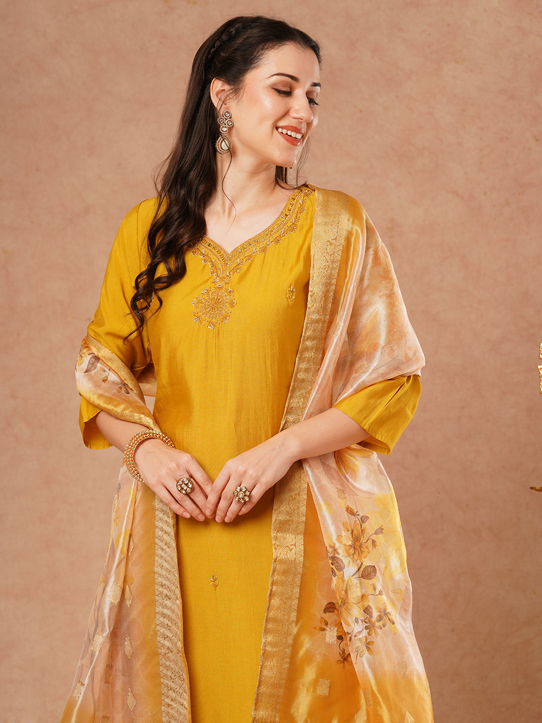 Solid Hand Embroidered Straight Fit Kurta with Pant & Printed Dupatta - Mustard