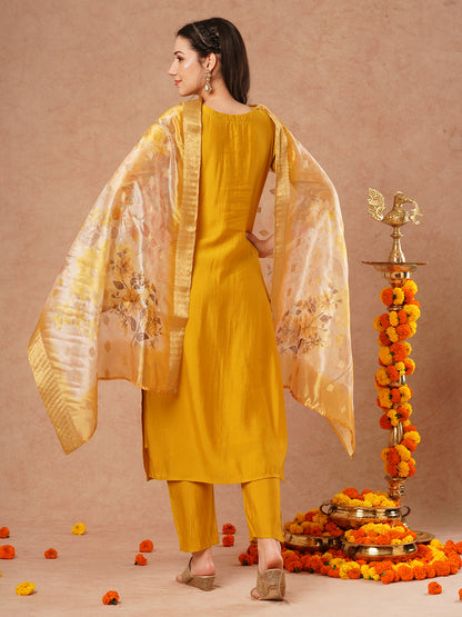 Solid Hand Embroidered Straight Fit Kurta with Pant & Printed Dupatta - Mustard