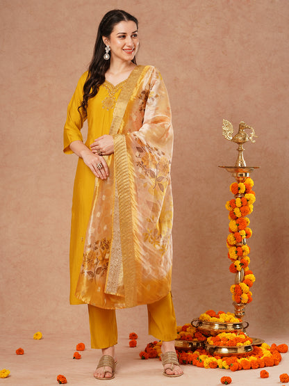 Solid Hand Embroidered Straight Fit Kurta with Pant & Printed Dupatta - Mustard