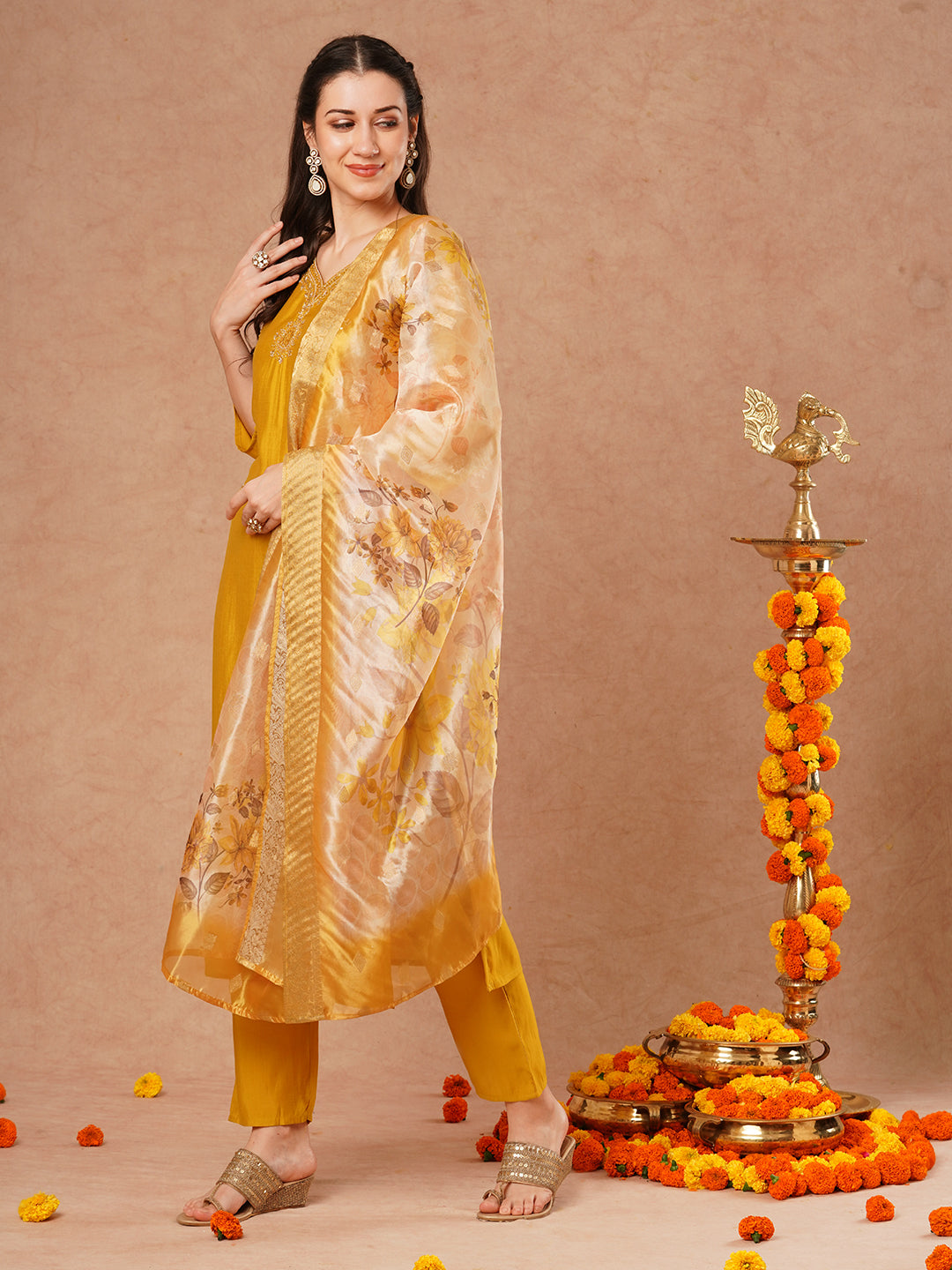 Solid Hand Embroidered Straight Fit Kurta with Pant & Printed Dupatta - Mustard