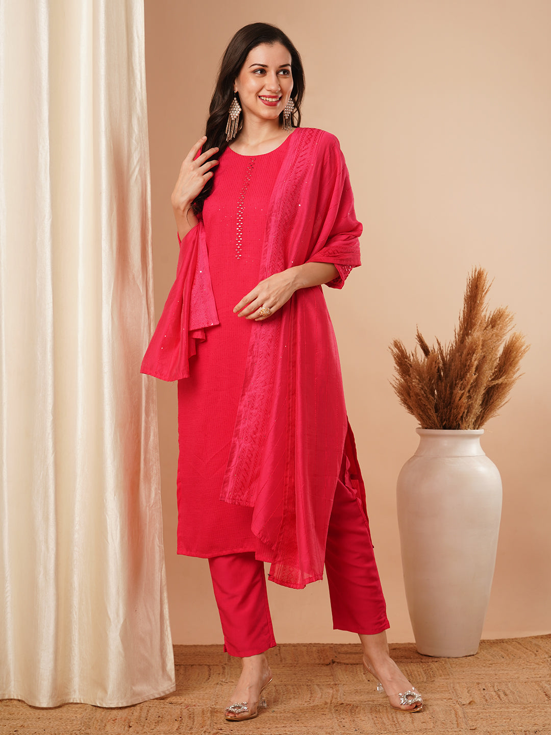 Solid Mirror Embroidered Straight Fit Kurta with Pant & Dupatta - Pink