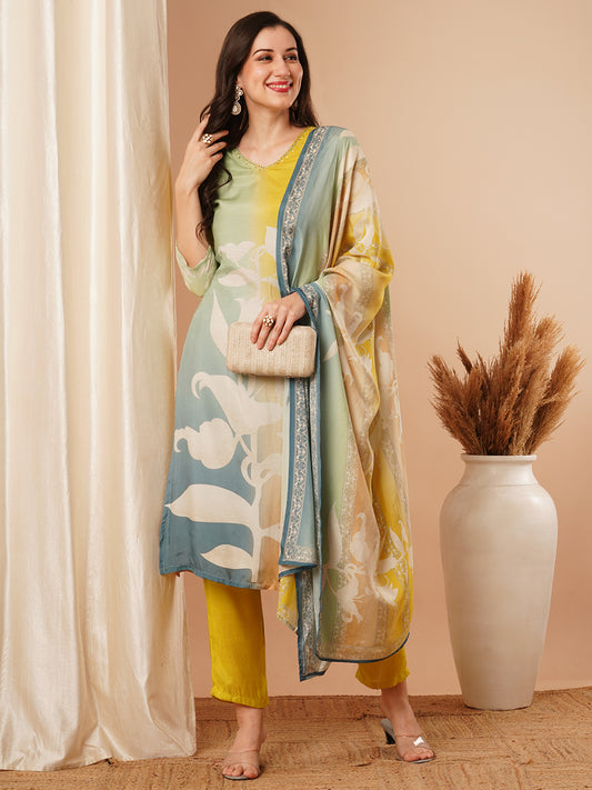 Abstract Printed Straight Fit Kurta with Pant and Dupatta - Multi