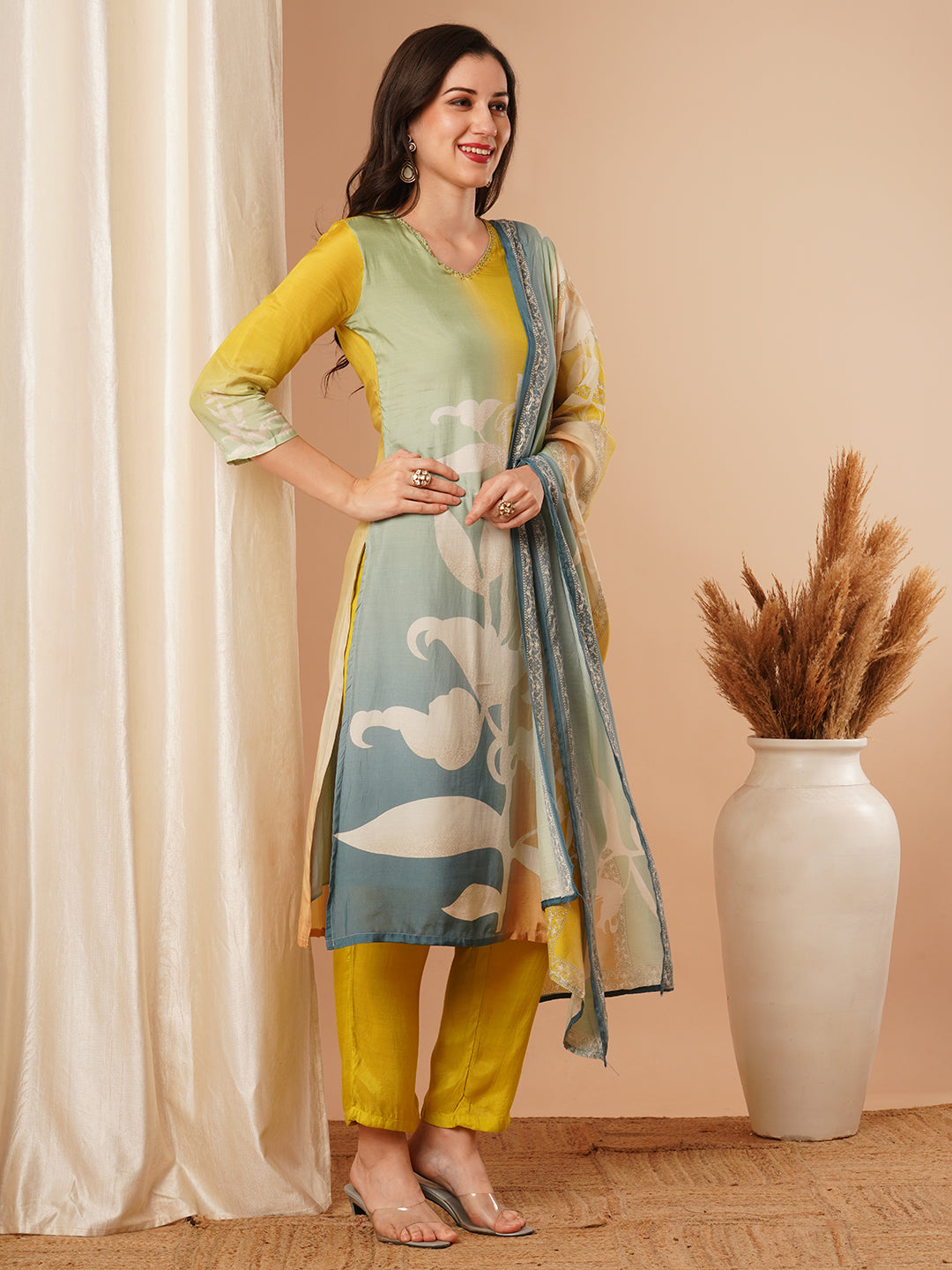 Abstract Printed Straight Fit Kurta with Pant and Dupatta - Multi