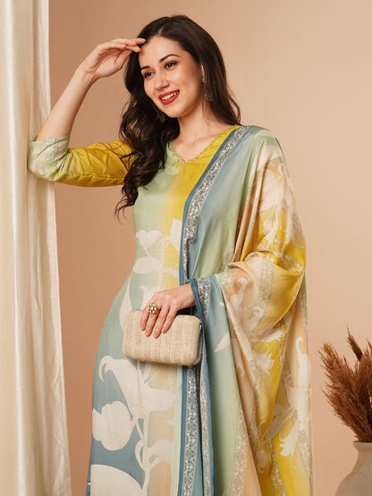 Abstract Printed Straight Fit Kurta with Pant and Dupatta - Multi