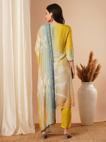 Abstract Printed Straight Fit Kurta with Pant and Dupatta - Multi