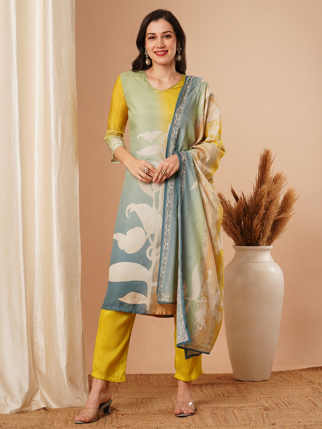 Abstract Printed Straight Fit Kurta with Pant and Dupatta - Multi