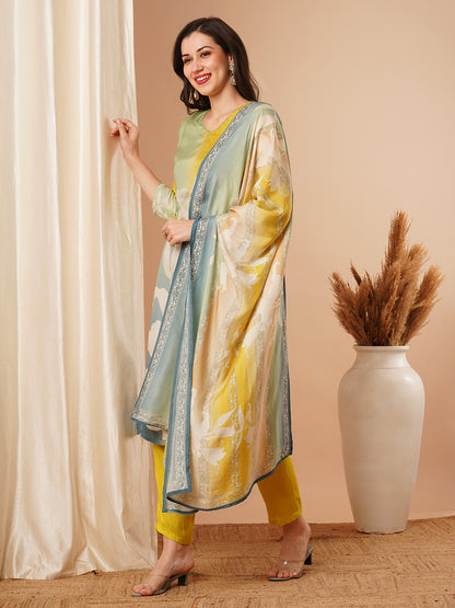 Abstract Printed Straight Fit Kurta with Pant and Dupatta - Multi