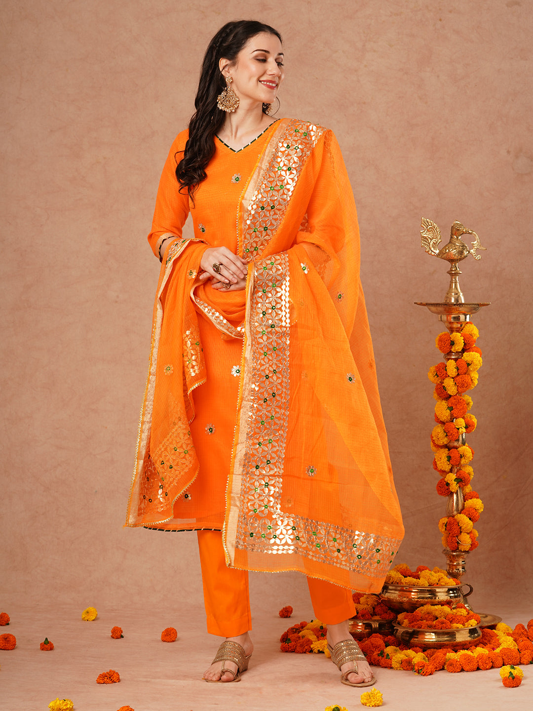 Solid Floral Gota Patti Embroidered Straight Kurta with Pant & Dupatta - Orange