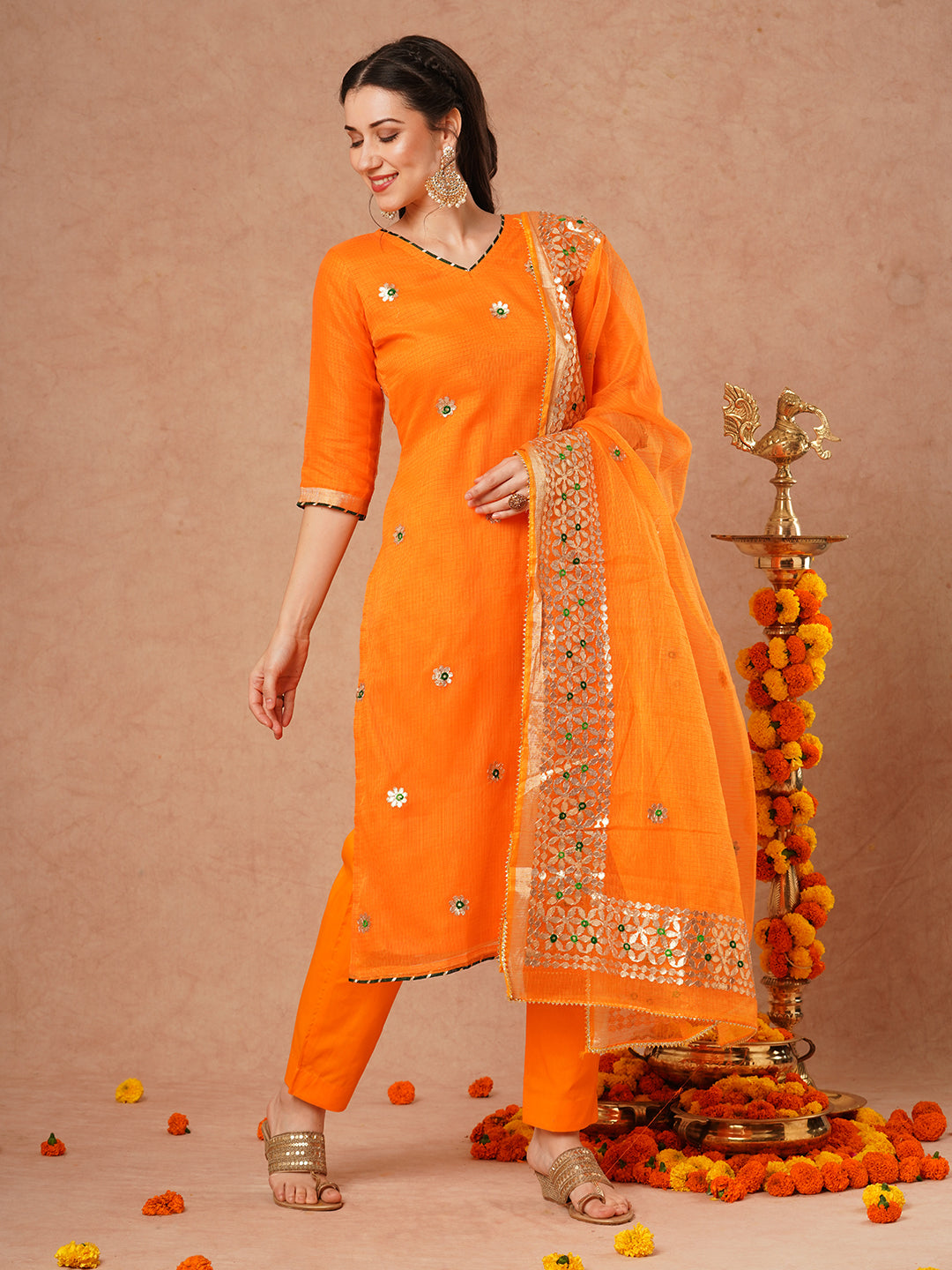 Solid Floral Gota Patti Embroidered Straight Kurta with Pant & Dupatta - Orange