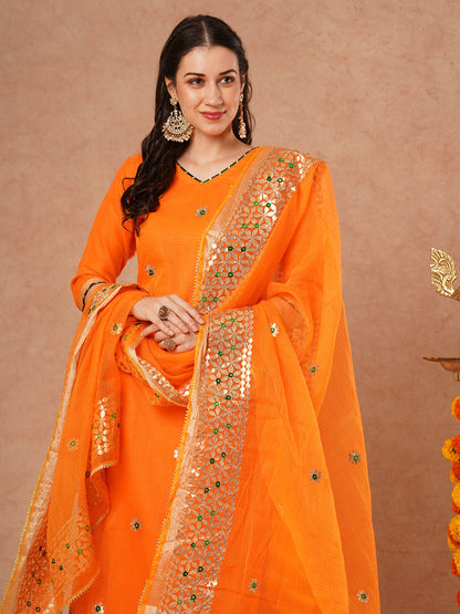 Solid Floral Gota Patti Embroidered Straight Kurta with Pant & Dupatta - Orange