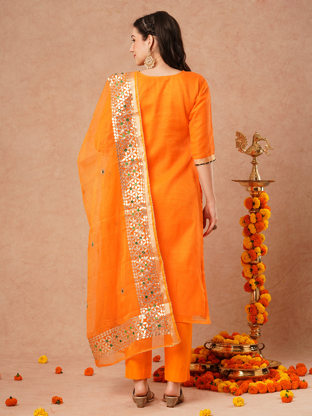 Solid Floral Gota Patti Embroidered Straight Kurta with Pant & Dupatta - Orange