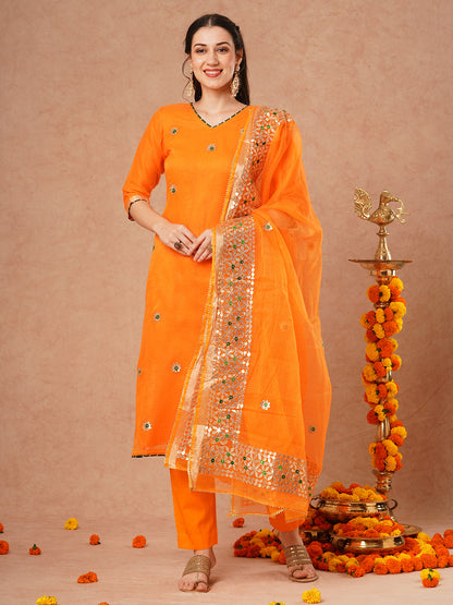 Solid Floral Gota Patti Embroidered Straight Kurta with Pant & Dupatta - Orange